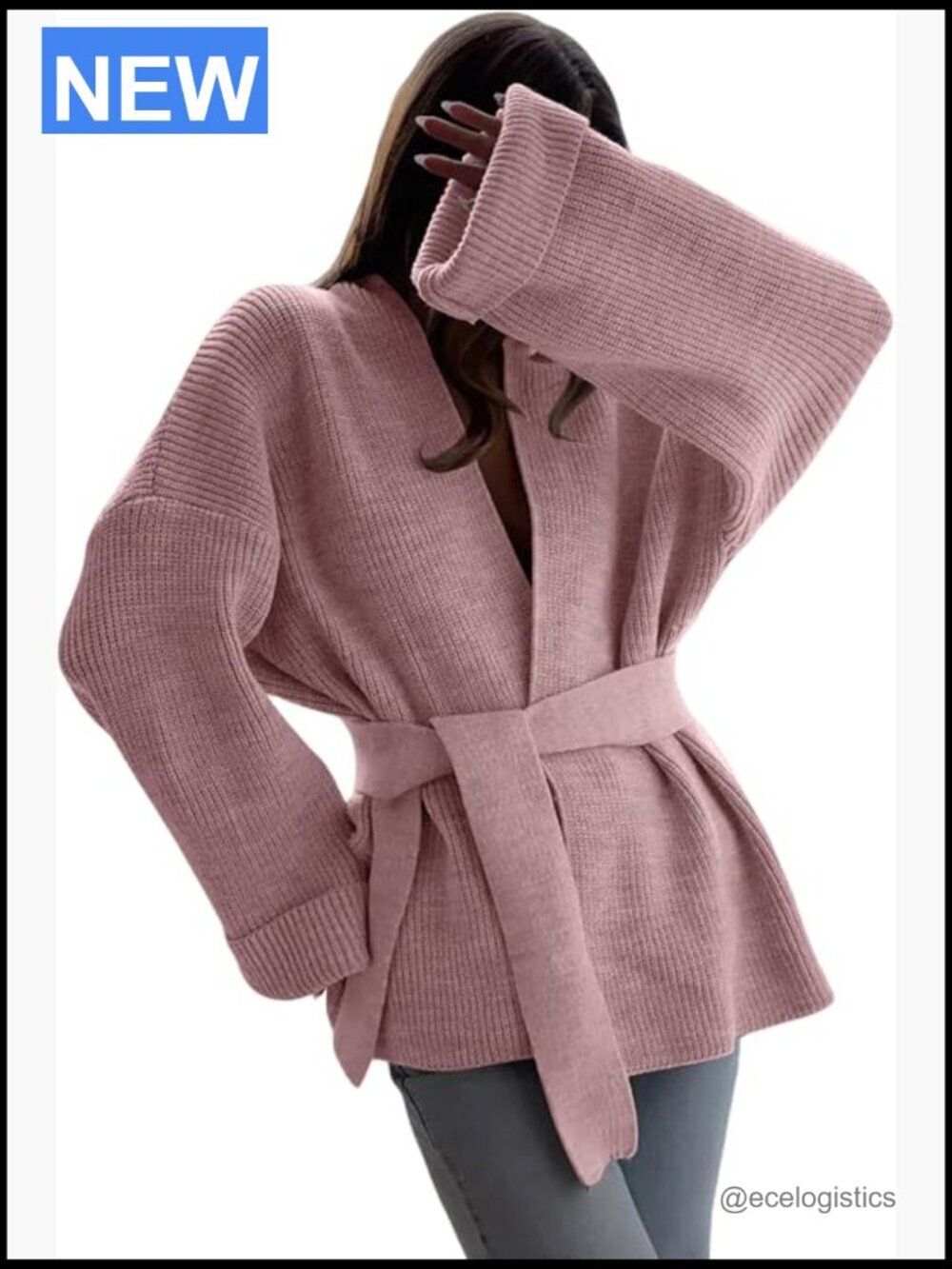 Oversized Knit Cardigan Belted Wrap Sweater Long Sleeve Loose Fit Open Front